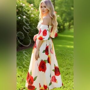 Bohemian Casual Floral Print Off Shoulder High Waist Frill Shirred Dress